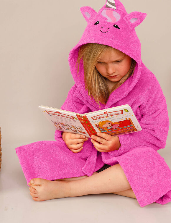 Peignoir de bain enfant licorne à capuche éponge coton - 340 g/m² (fuchsia)