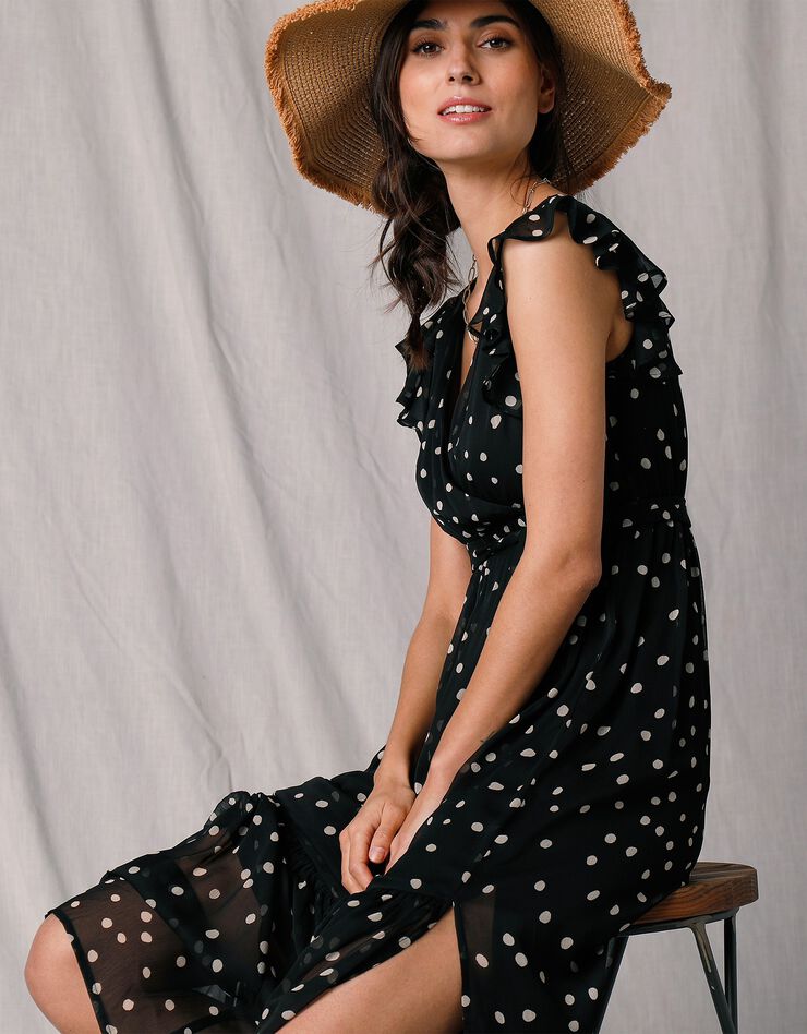 Robe longue cache-coeur sans manches voile imprimé (noir / écru)
