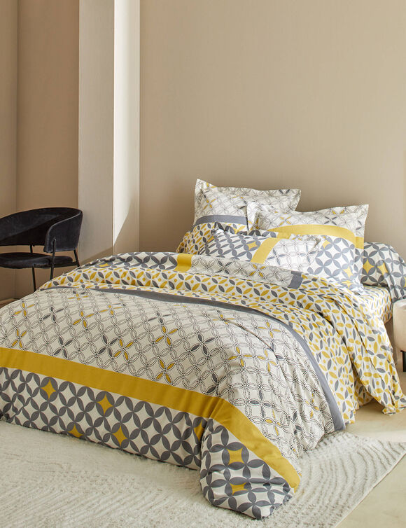 Linge de lit Marlow en coton motifs géométriques (gris / jaune)