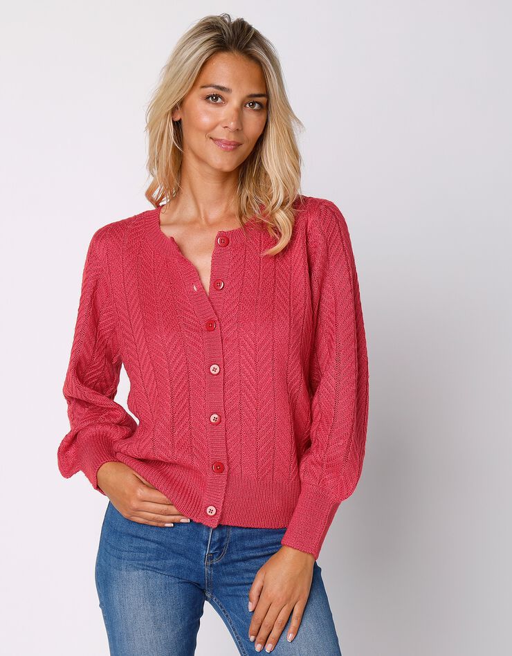 Cardigan boutonné maille fantaisie manches bouffantes (corail) Cardigan boutonné maille fantaisie manches bouffantes (corail)