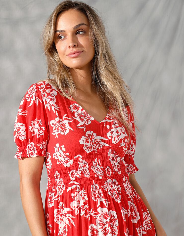 Robe longue découpe smockée imprimée bicolore (rouge / écru)