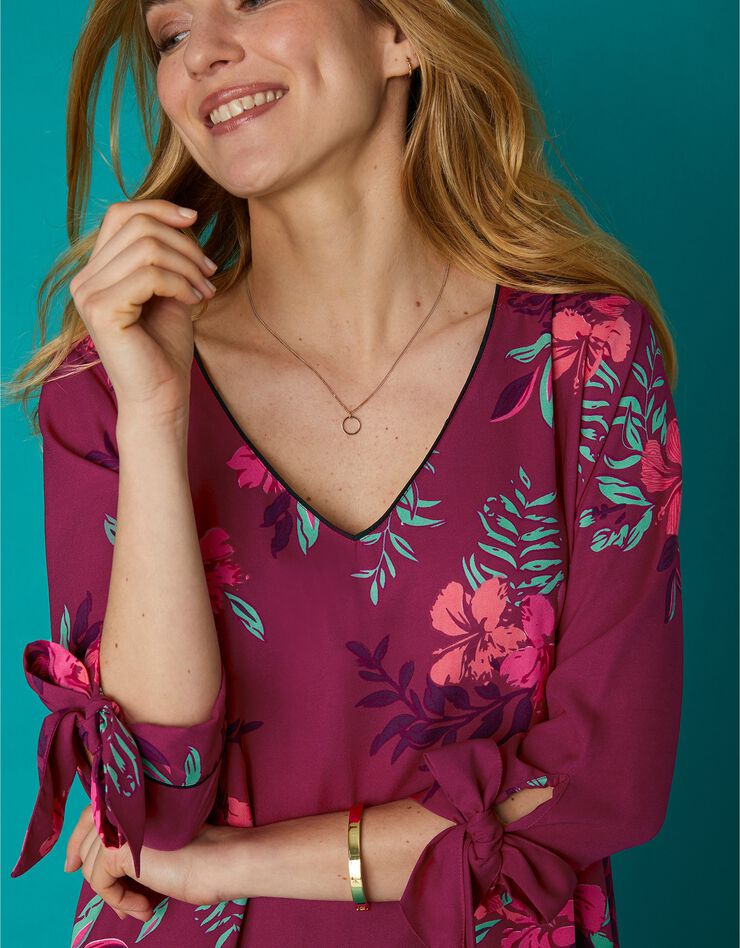 Robe évasée imprimée biais contrastés (prune / corail) Robe évasée imprimée biais contrastés (prune / corail)