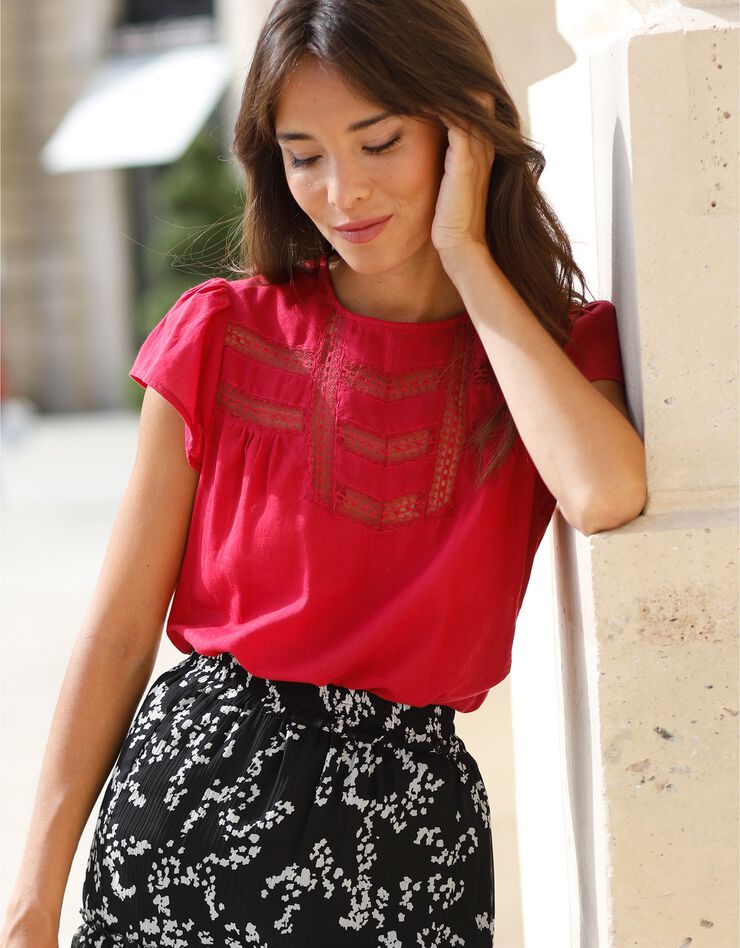 Blouse unie dentelle manches volantées (fuchsia)