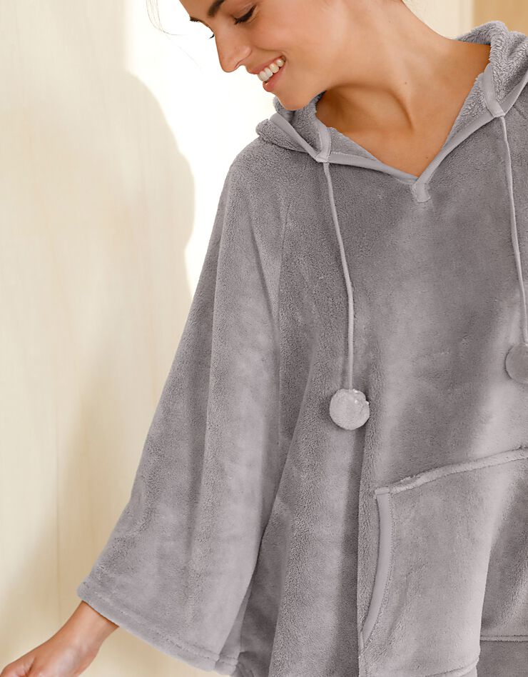 Poncho polaire toucher peluche à capuche  (gris)