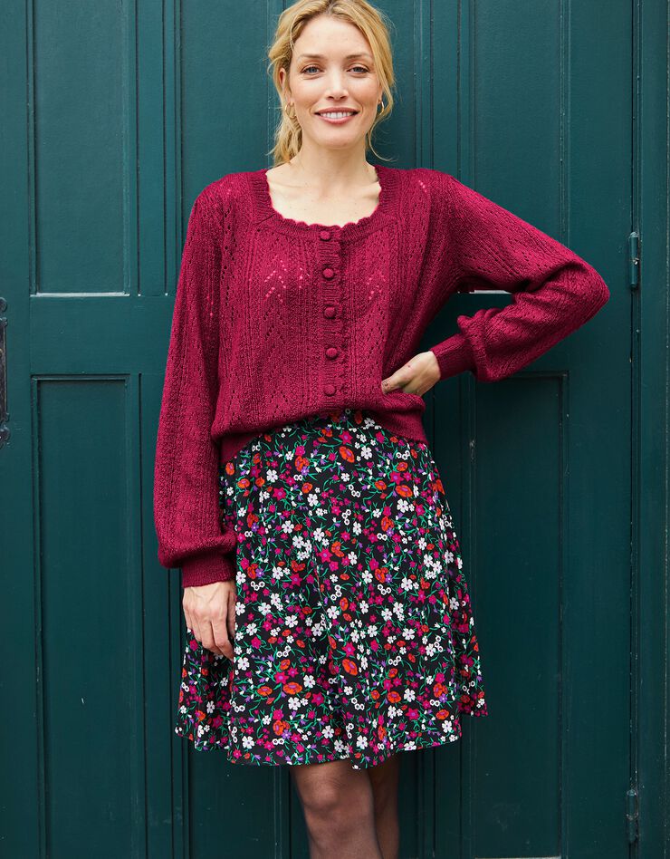 Cardigan boutonné col carré, maille ajourée toucher mohair (fuchsia) Cardigan boutonné col carré, maille ajourée toucher mohair (fuchsia)
