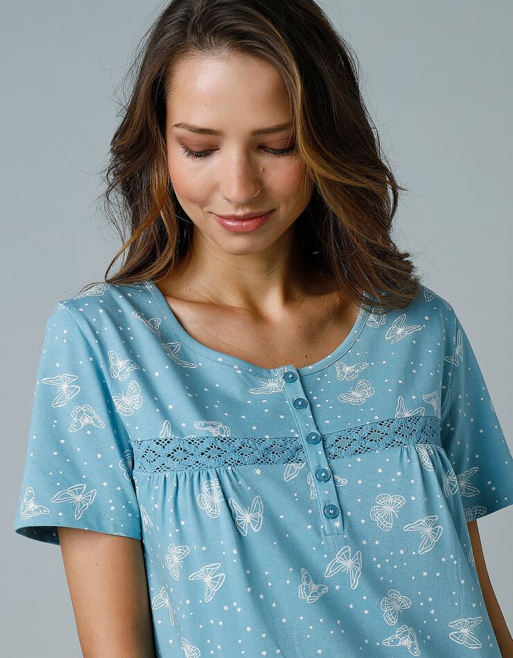 Chemise de nuit longue manches courtes imprimée "papillons" (bleu grisé)