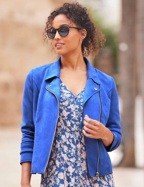 Blouson zippé col tailleur pressionné, suédine (bleu)