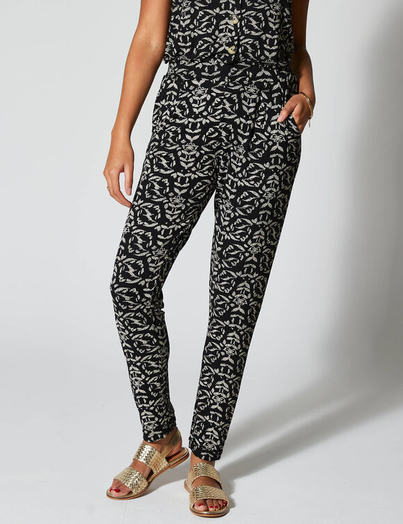 Pantalon fuselé imprimé, taille élastiquée (noir / écru)