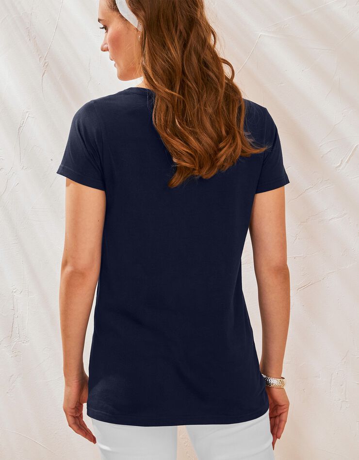 Tee-shirt col V uni manches courtes coton (marine) Tee-shirt col V uni manches courtes coton (marine)