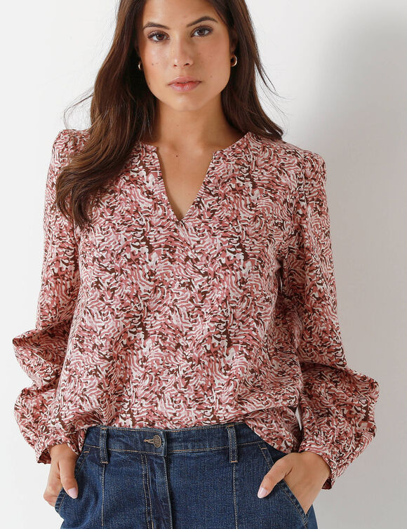 Blouse imprimée en coton ,col fendu (bois de rose / écru)