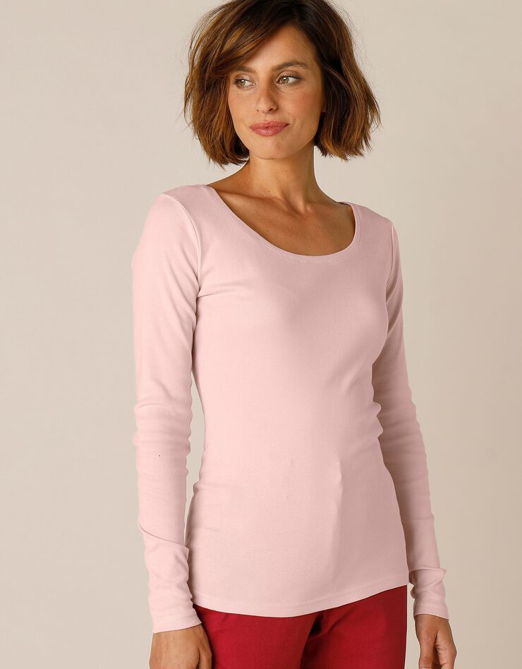 Tee-shirt uni manches longues jersey coton bio (rose poudré) Tee-shirt uni manches longues jersey coton bio (rose poudré)