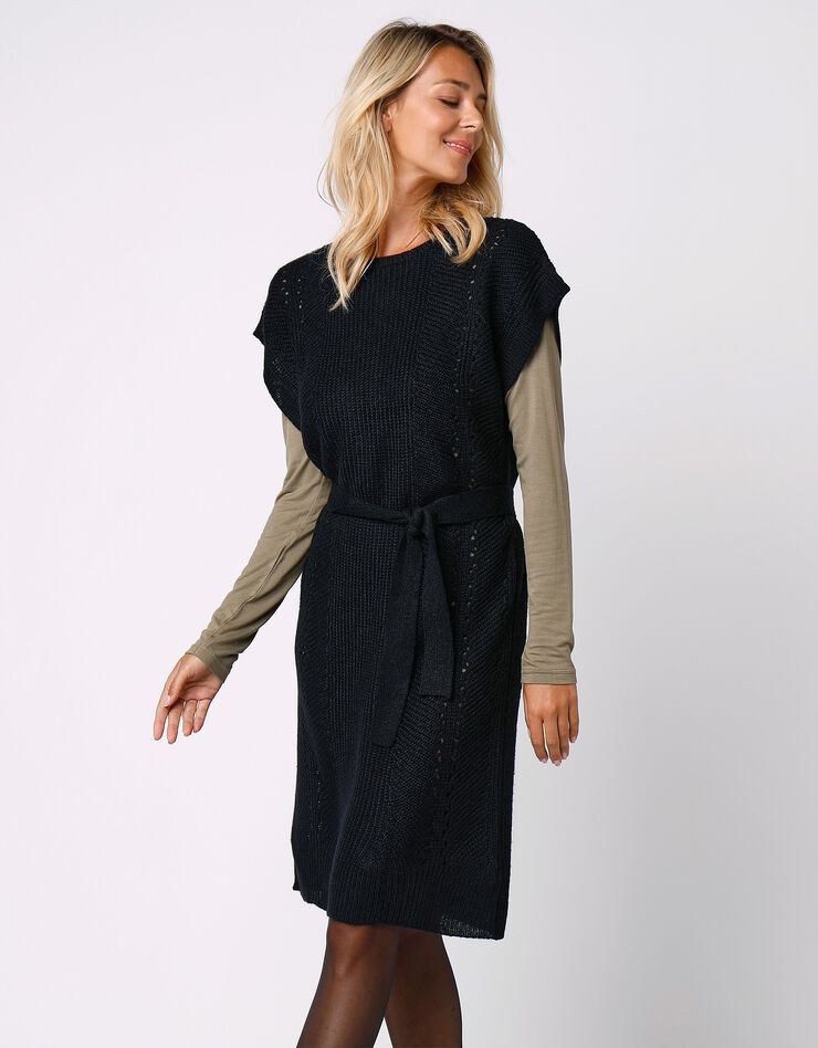 Robe manches courtes ceinturée - toucher mohair (noir) Robe manches courtes ceinturée - toucher mohair (noir)