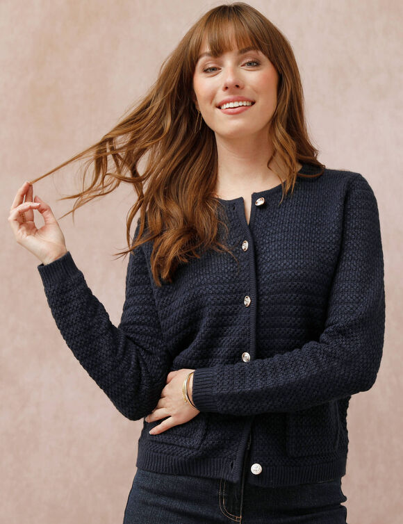 Cardigan uni maille fantaisie (marine)