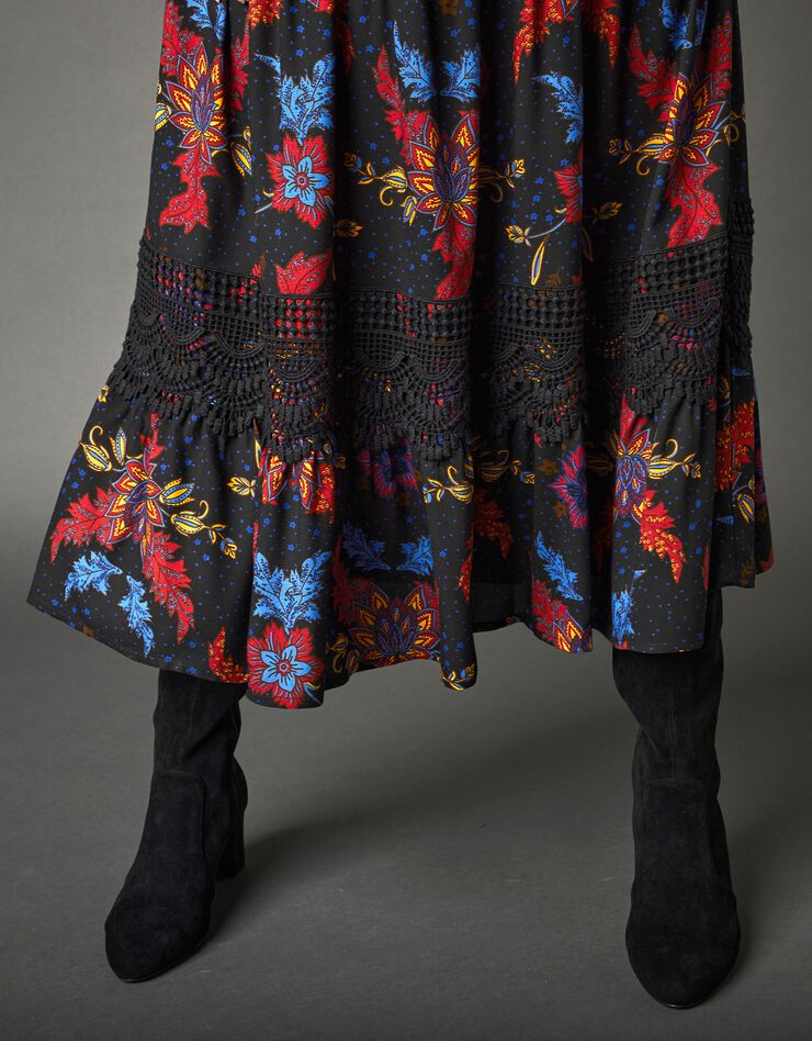 Robe longue imprimée manches 3/4 (noir / rouge)