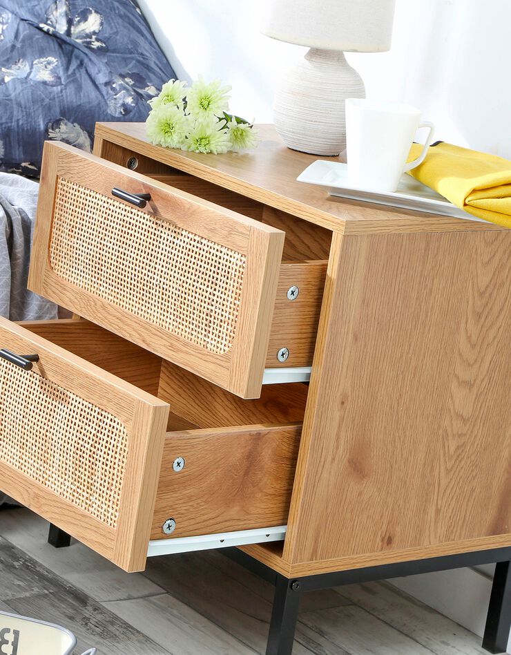 Table de chevet WICKOOD 2 tiroirs avec cannage rotin (naturel)