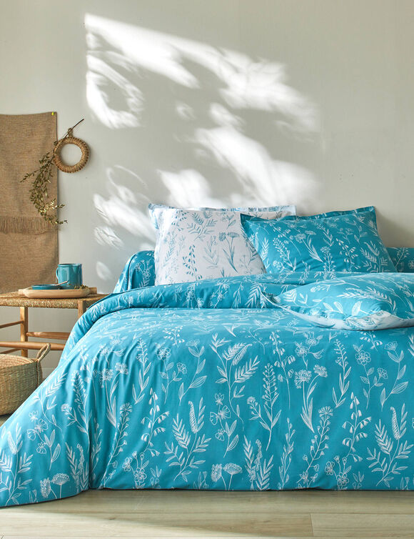 Linge de lit Alessia en coton imprimé fleuri (bleu)