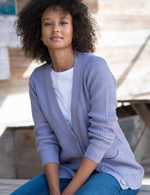 Gilet long boutonné, maille anglaise (parme)