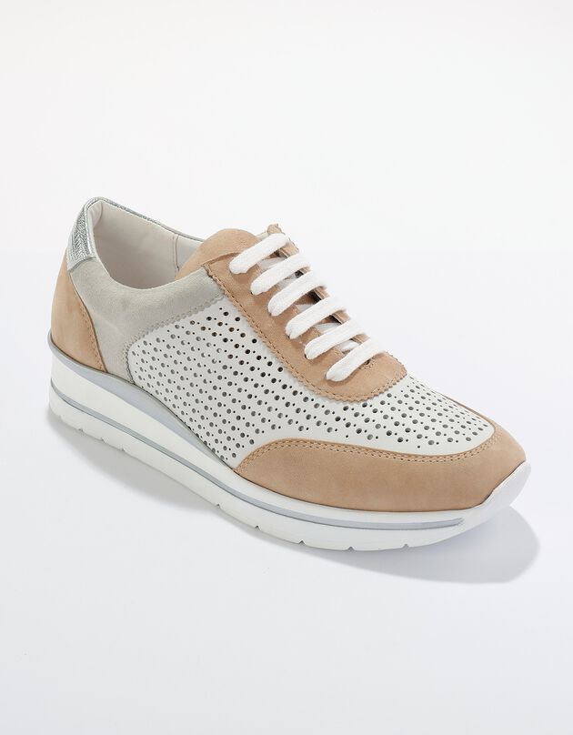 Baskets cuir bicolore ajourées avec languette et lacets (beige)