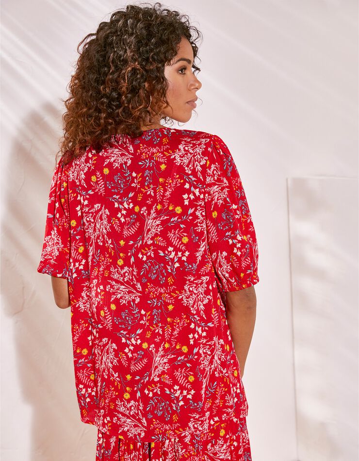 Blouse boutonnée imprimé fleuri, crépon (rouge) Blouse boutonnée imprimé fleuri, crépon (rouge)