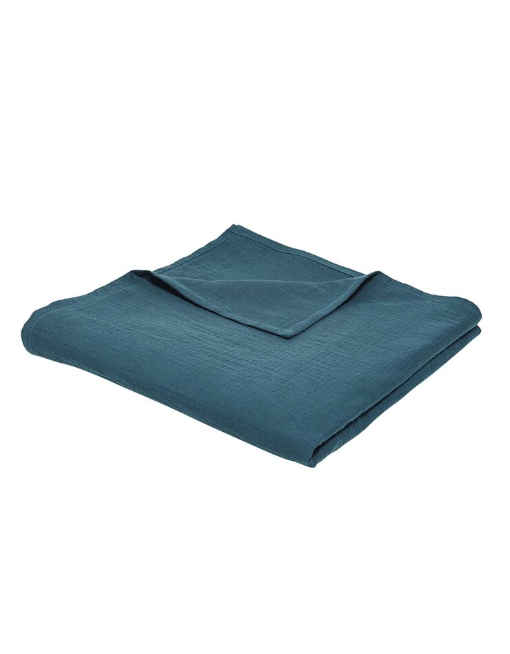 Plaid uni ou jeté de canapé gaze de coton (bleu paon)