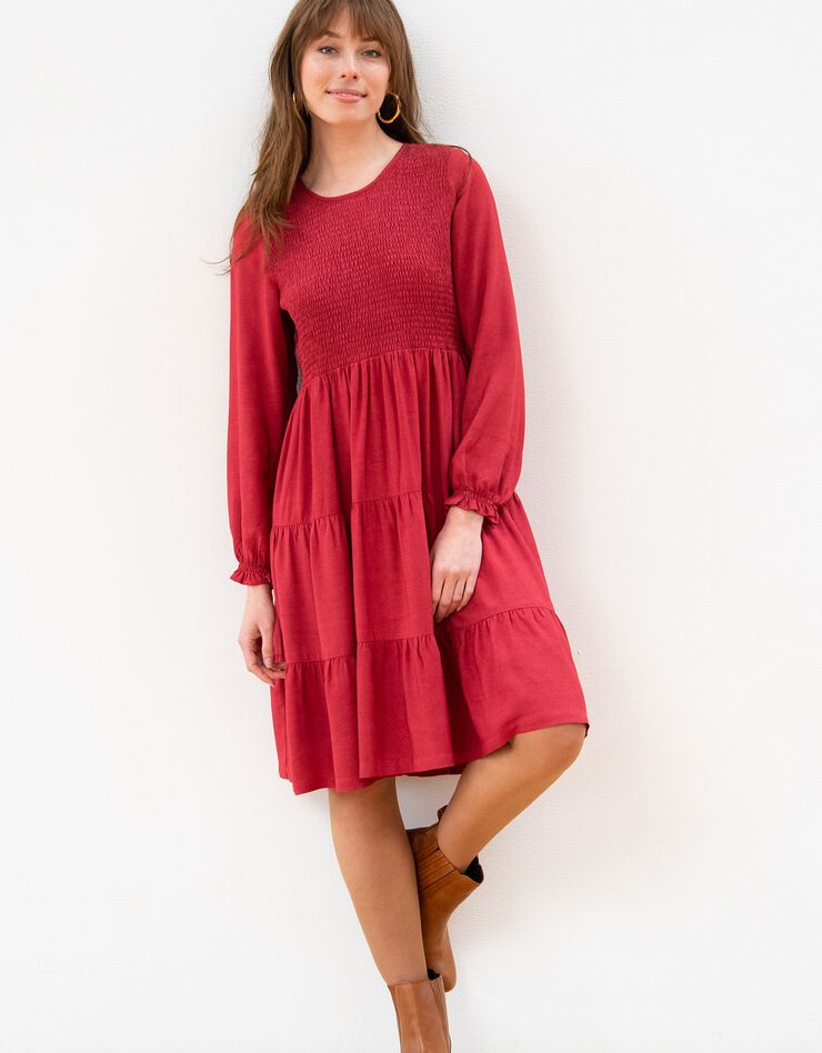 Robe smockée manches longues unie (cerise)