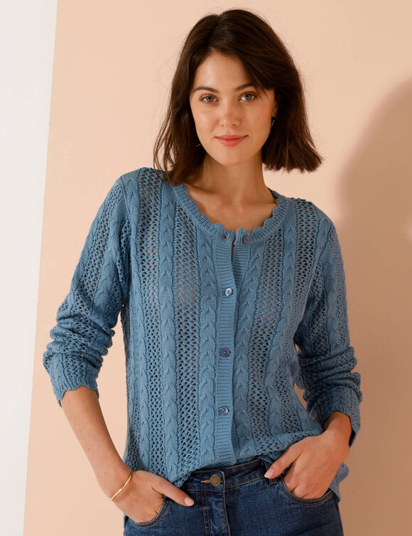 Gilet boutonn&eacute; col rond &agrave; &eacute;cailles, maille ajour&eacute;e (bleu jean)