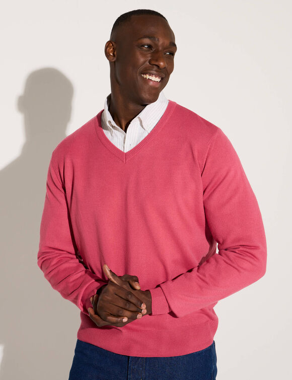 Pull uni col V (framboise)
