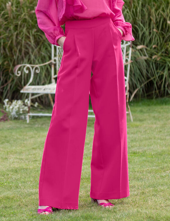 Pantalon large &agrave; pinces taille haute, uni (fuchsia)