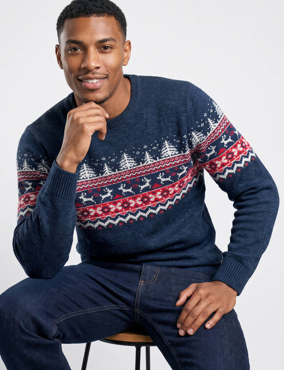 Pull homme col rond manches longues, maille jacquard (marine)