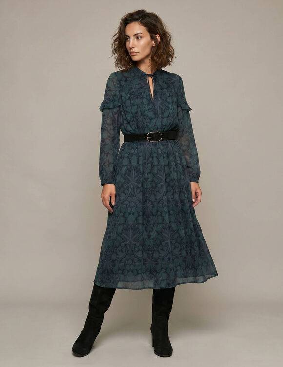 Robe longue col V, voile imprim&eacute; fleurs (violet)