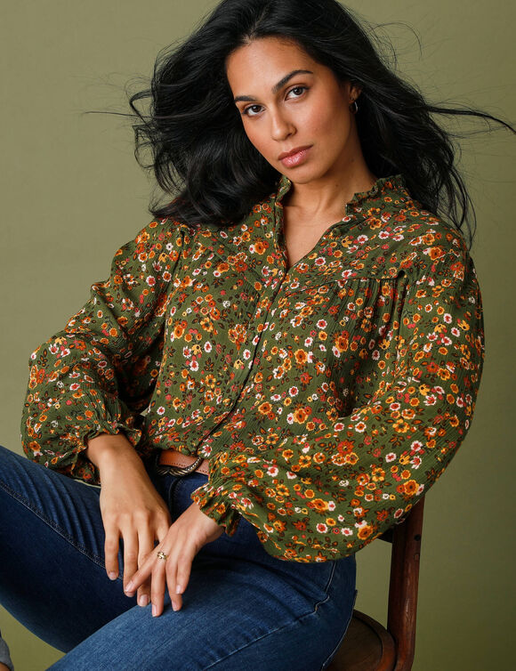 Blouse volantée imprimée, crépon (kaki / miel)
