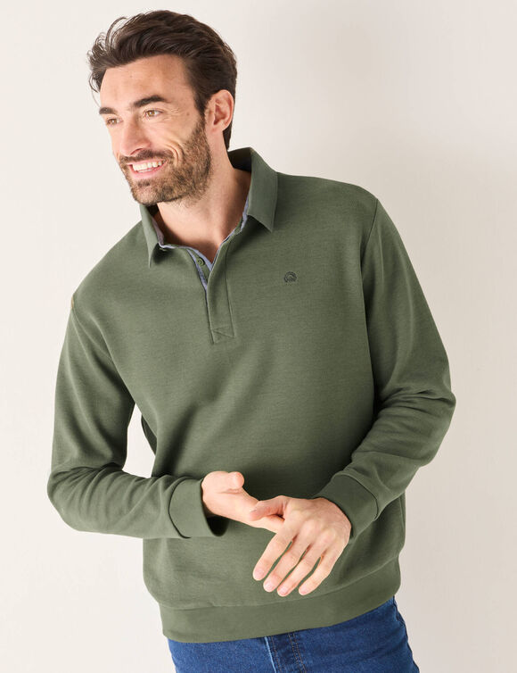 Sweat chaud col polo brodé poitrine maille côtelée (kaki clair)