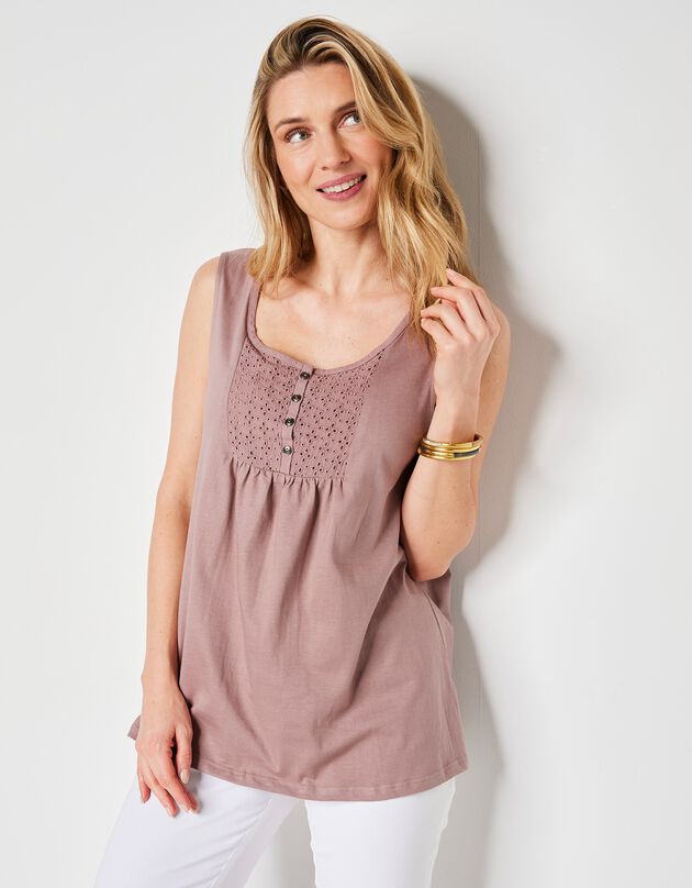 Débardeur col rond, broderie anglaise (taupe)