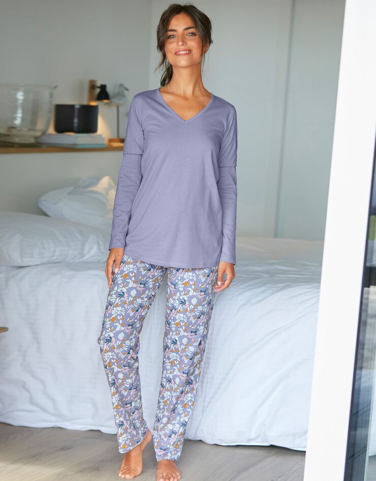 Pantalon pyjama coton imprimé "pétales" (parme / écru) Pantalon pyjama coton imprimé "pétales" (parme / écru)