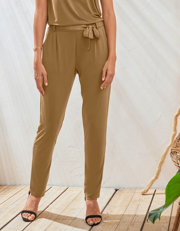 Pantalon coupe droite uni, maille (tabac)