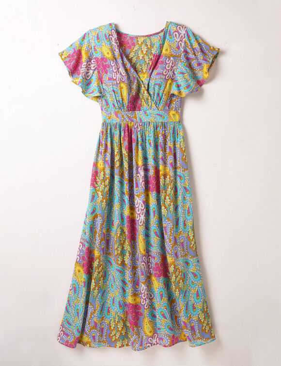 Robe volant&eacute;e cache-coeur imprim&eacute;e, cr&eacute;pon (bleu / jaune)