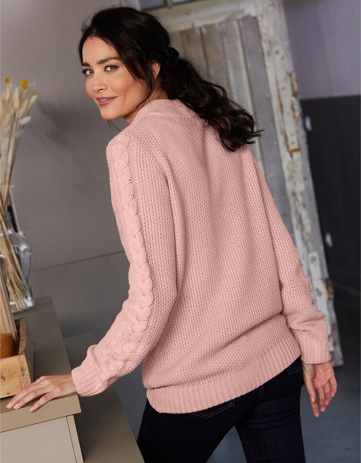 Pull col montant zippé maille torsadée toucher cachemire (rose poudré) Pull col montant zippé maille torsadée toucher cachemire (rose poudré)