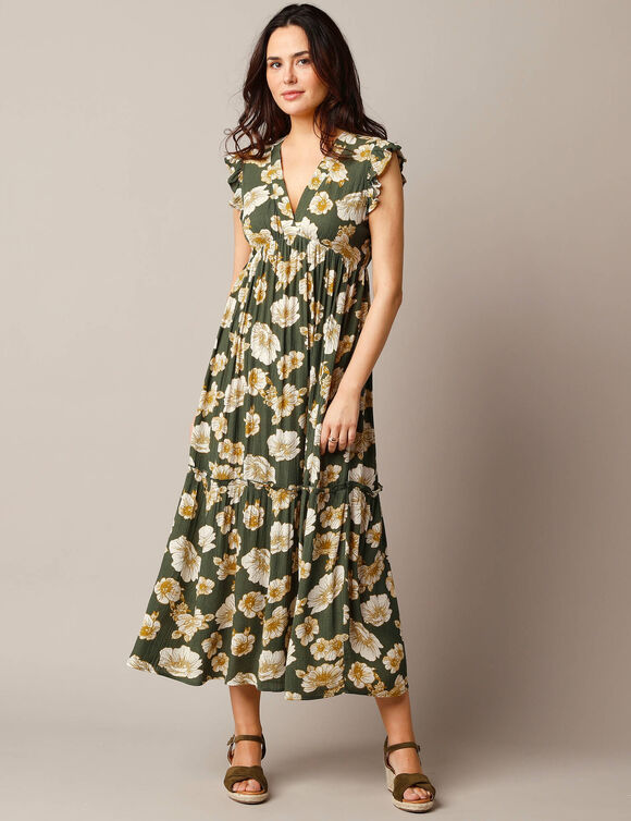 Robe longue sans manches, crépon imprimé (kaki)