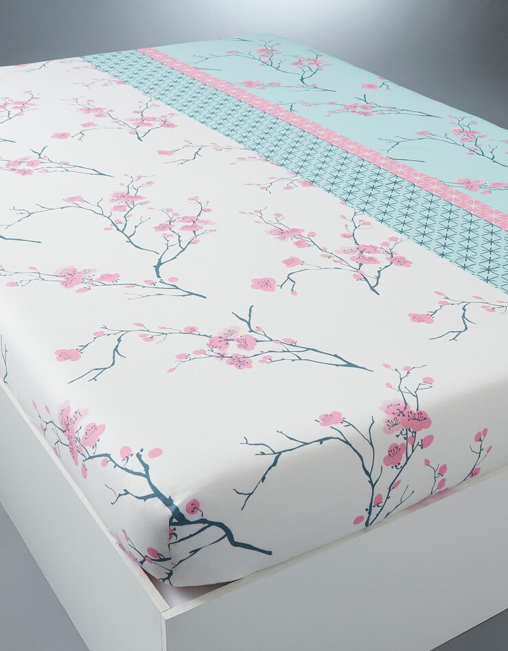 Linge de lit Kimori en polycoton imprimé fleurs de cerisier (lagon)