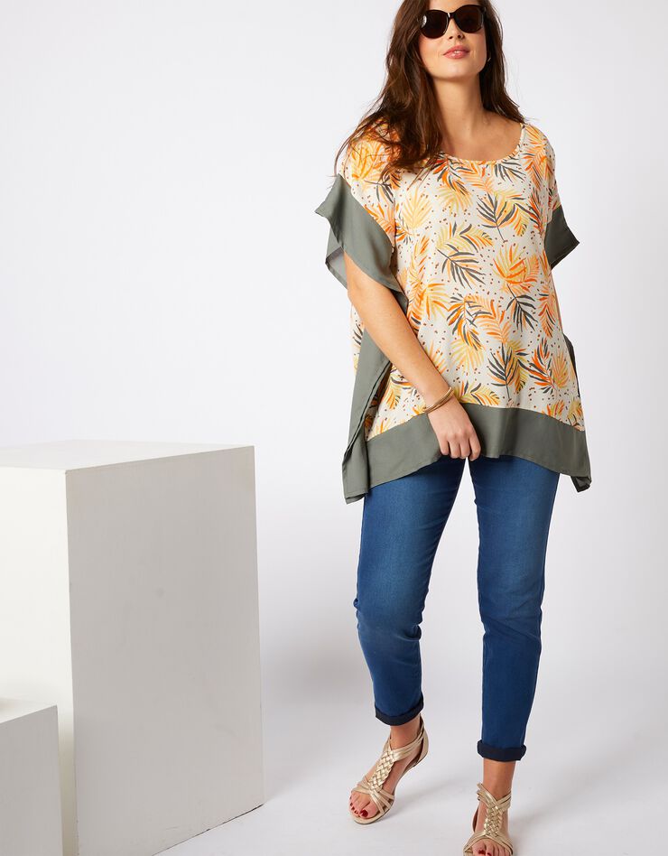 Blouse poncho imprimé feuillage (écru / kaki) Blouse poncho imprimé feuillage (écru / kaki)