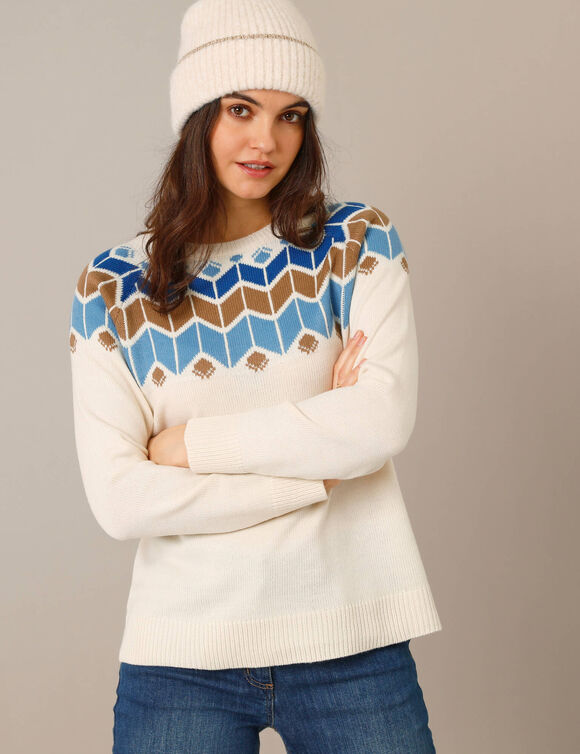 Pull col rond jacquard, toucher doux (écru / bleu)