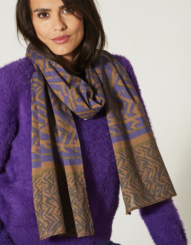 Foulard style chèche fabriqué en France imprimé, 198 x 38 cm - coton (caramel / violet)