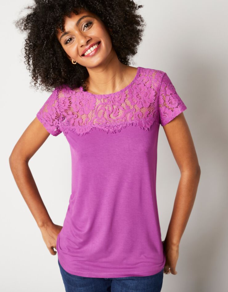 T-shirt dentelle col rond manches courtes (violine)