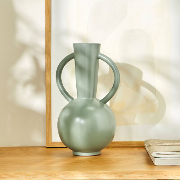 Vase rond c&eacute;ramique, double anses - hauteur 29,5 cm (vert)
