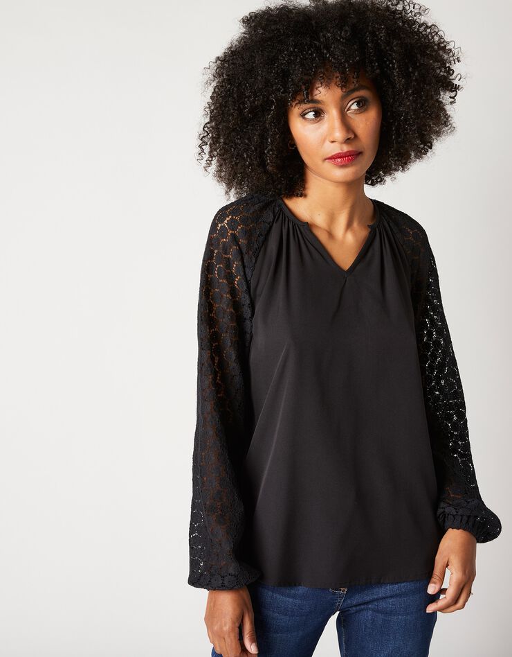 Blouse unie manches dentelle (noir) Blouse unie manches dentelle (noir)