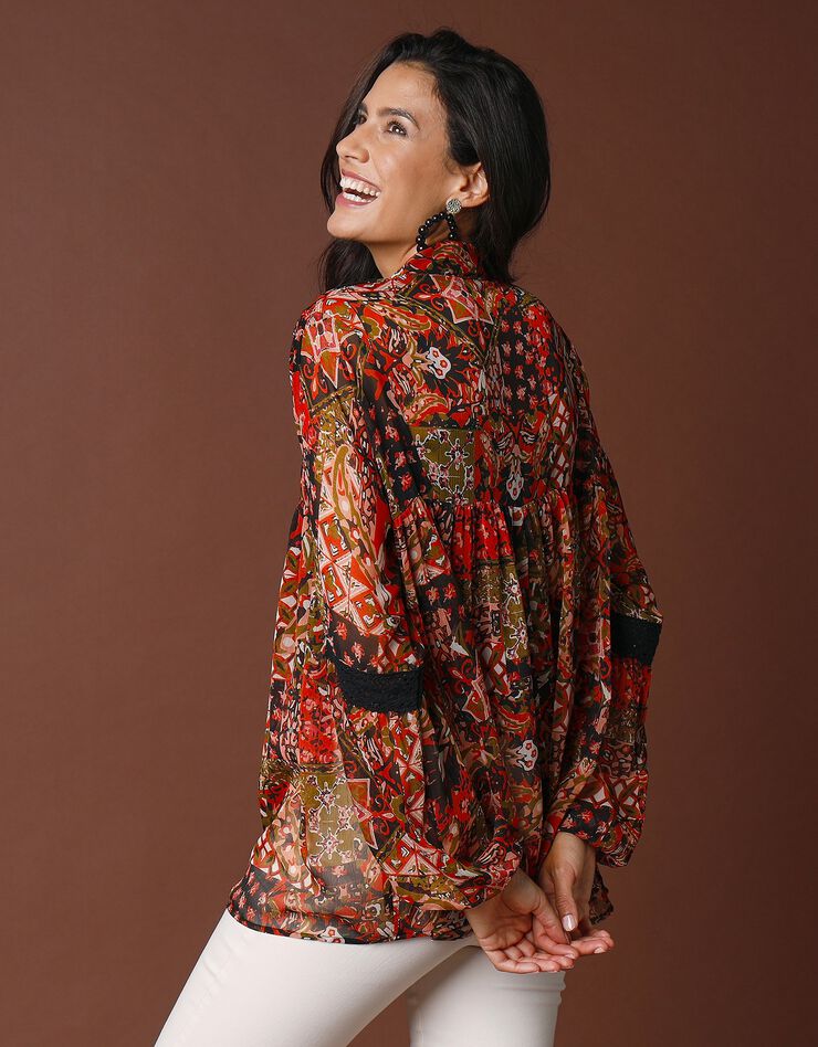 Blouse voile imprimé et macramé (noir / tomette) Blouse voile imprimé et macramé (noir / tomette)
