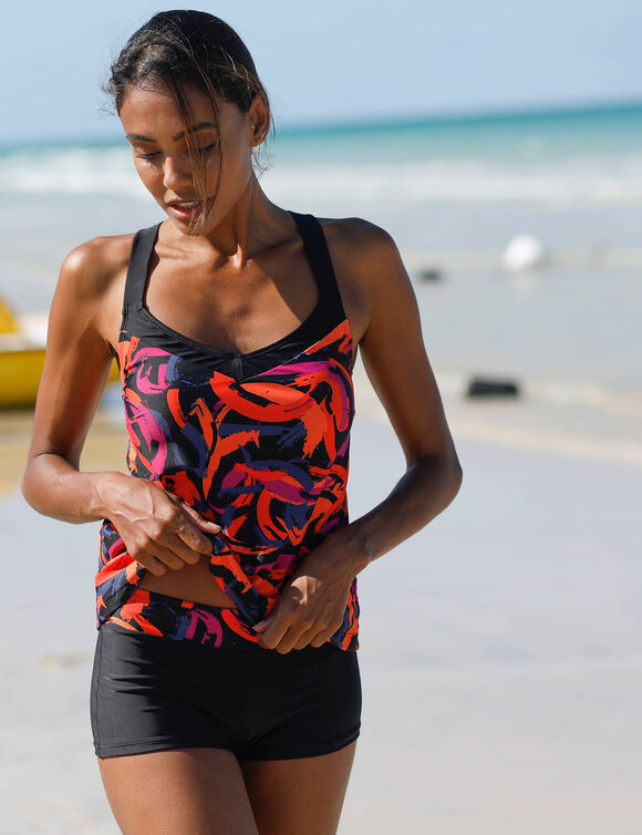 Haut de tankini imprimé dos croisé Lohena, coques moulées (noir / orange)