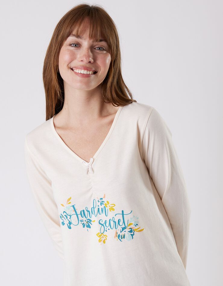 Tee-shirt pyjama manches longues imprimé placé "jardin secret" (écru) Tee-shirt pyjama manches longues imprimé placé "jardin secret" (écru)