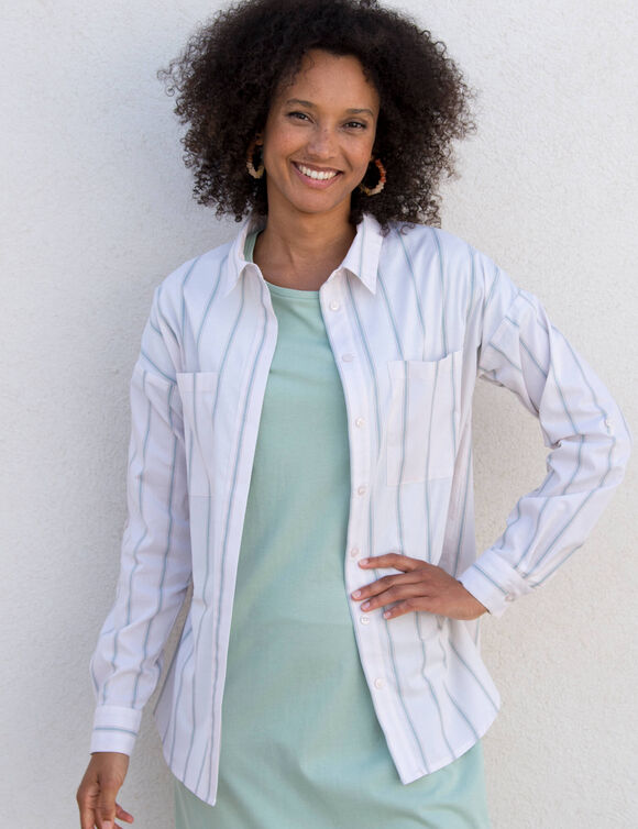 Chemise rayée base liquette, tissé teint (écru / vert)