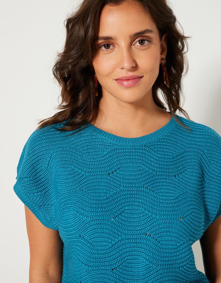 Pull manches courtes, maille fantaisie (turquoise)